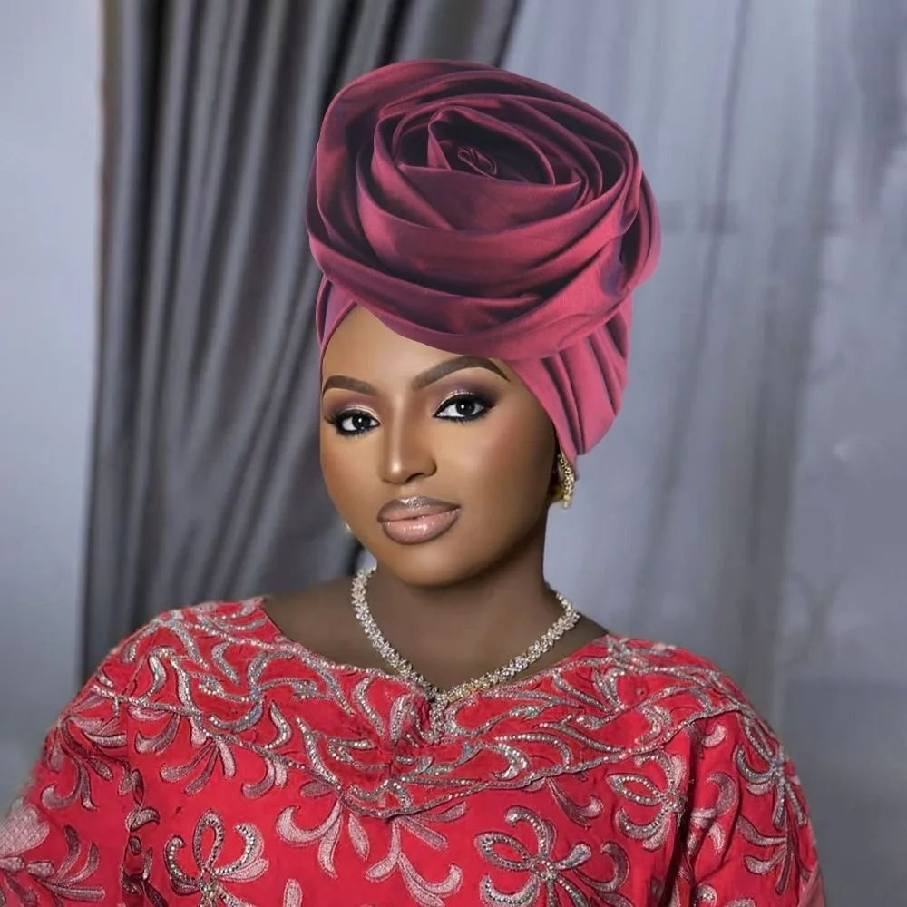 Raw Silk African Turban Caps Big Rose Flower Breathable Nigerian Wedding Geles Lightweight Headwear Head Wraps Party Headgear