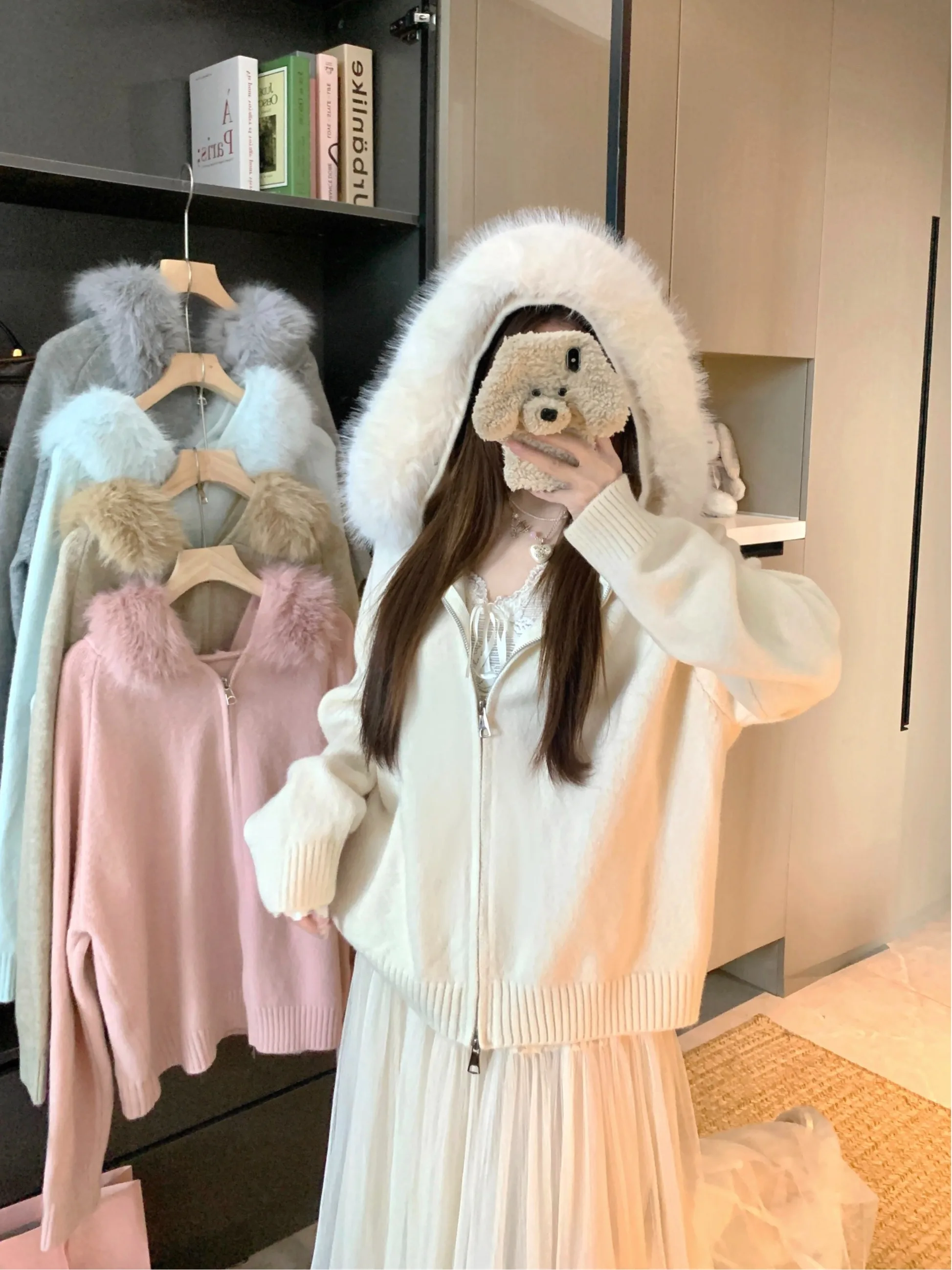 

plus Size Women's Knitted Hooded Sweater Coat with Fur Collar Autumn Winter Fashion Slimming Versatile Design Knit Cardigan