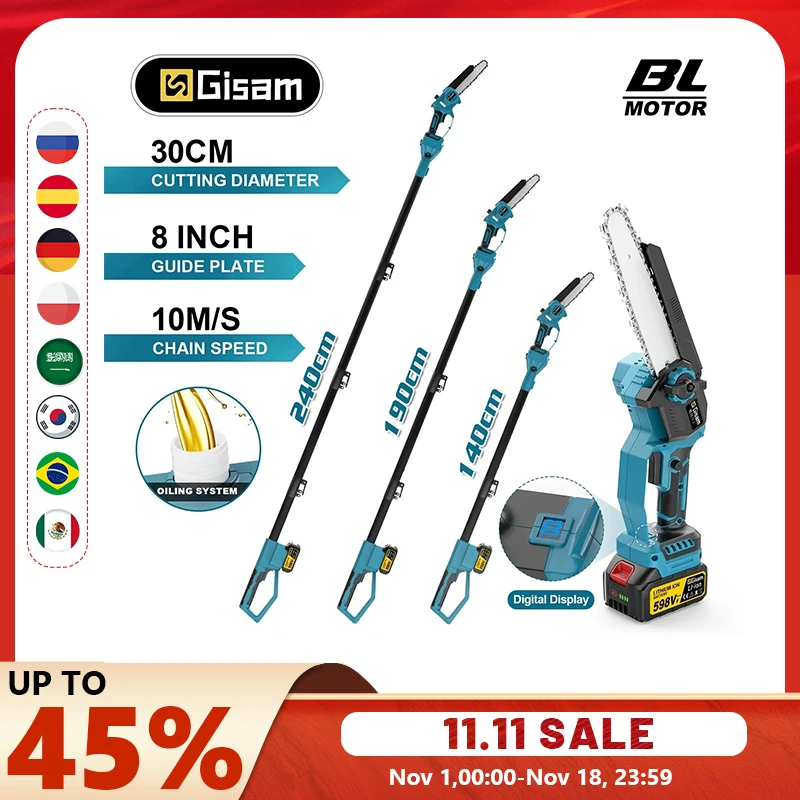 Gisam 8 인치 브러시리스 텔레 스코핑 폴 전기 전기 톱 높은 분기 톱 Makita 18V 배터리 핀 용 정원 가지 치기 전동 공구