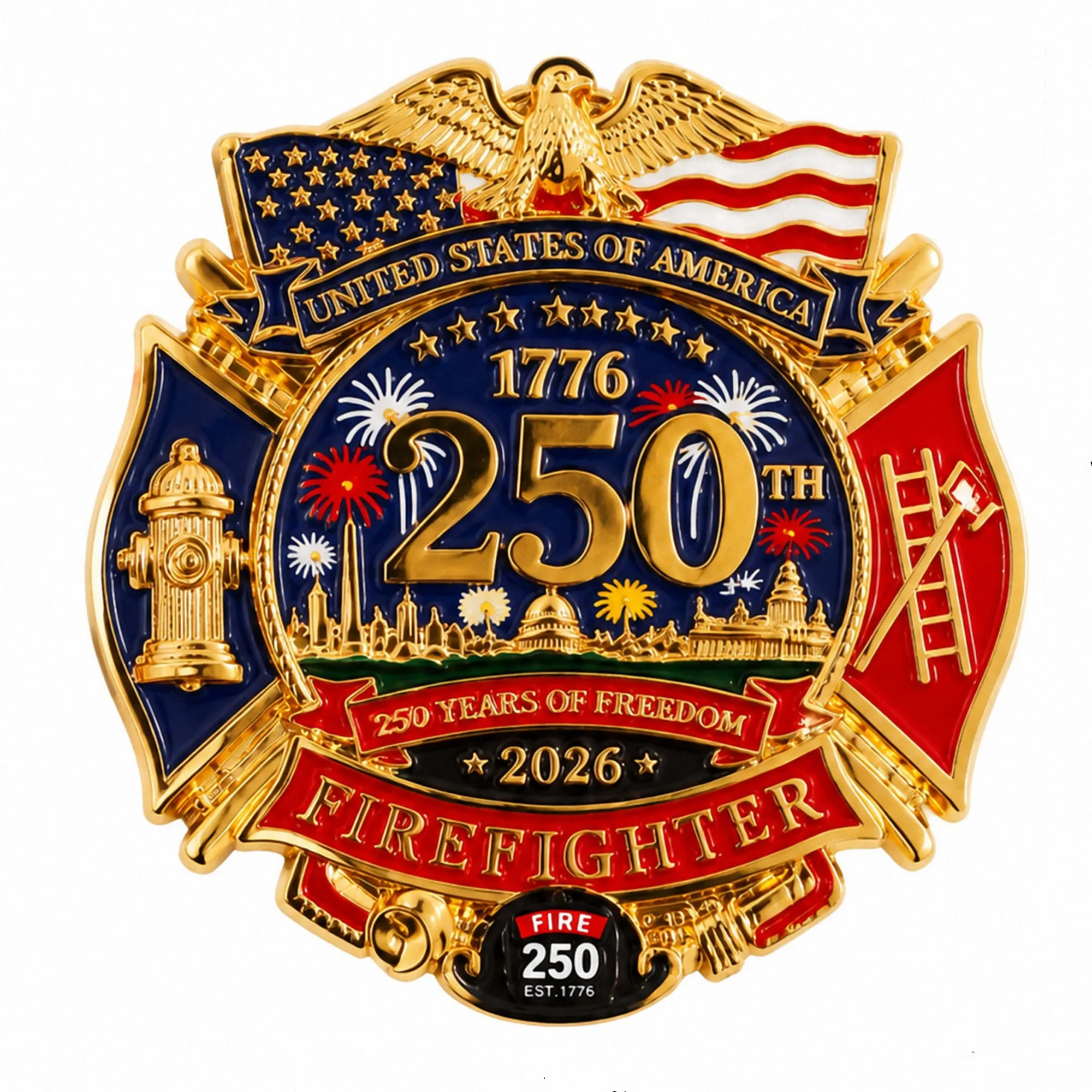 3D Metal Car Emblem Sticker USA 250th Anniversary Firefighter Badge , American Flag Eagle Hood Ornament for Motorcycle SUV Truck