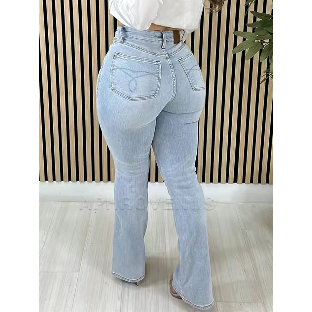 กางเกงยีนส์ทรงขาบานเอวสูงสำหรับผู้หญิง ช่วยเก็บหน้าท้อง ผ้ายืด ยีนส์เดนิมทรงเรโทร ขากว้าง