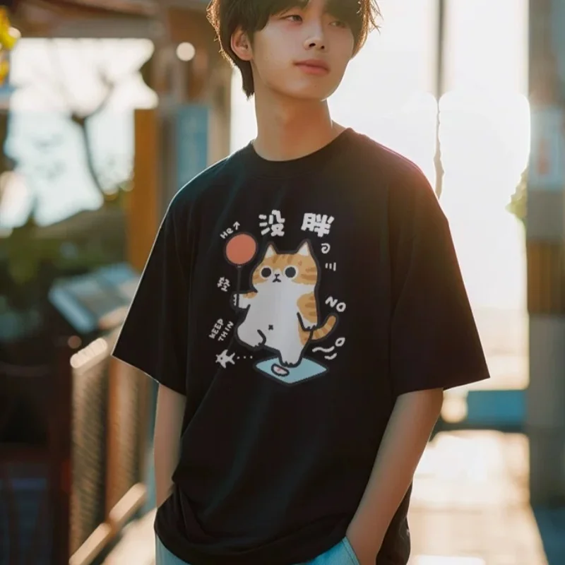 ZAZOMDE Summer Pure Cotton Short-sleeved T-shirt For Women Summer New Cat Cartoon Student Loose Top For Men Y2k Ins 2025