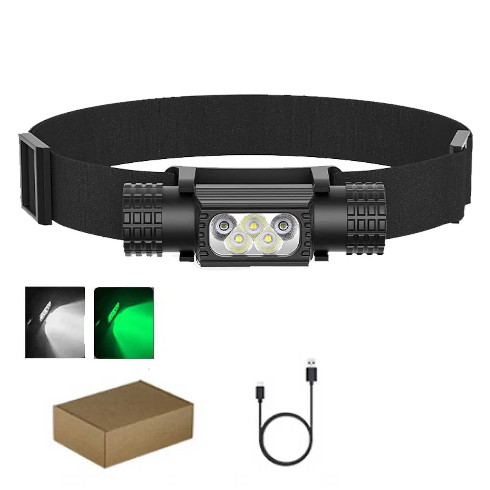 LED Headlamp High Power White Green Memory Headlight 18650 Rechargeable USB Type-C Torch Camping Hunting Flashlight Lamp