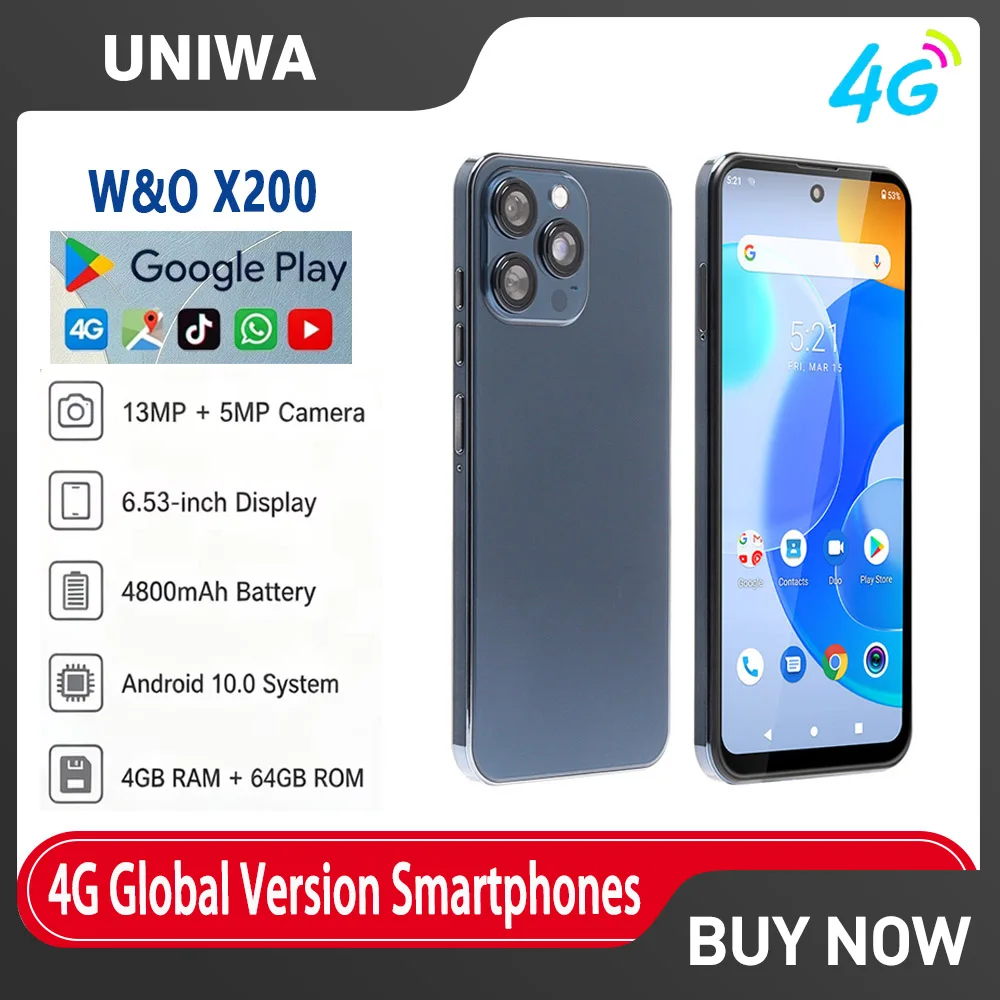 W&O X200 Smartphones Android 10 Dual SIM 6.53'' 4GB RAM+64GB ROM 4G Global Version 4800mAh 13MP Camera 128GB TF Mobile Phone