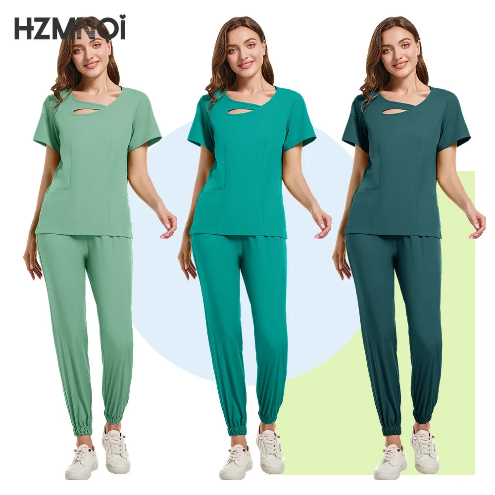 Women Medical Uniforms Elastic Scrubs Sets Hospital Surgical Gowns Short Sleeve Tops Pant Nursing Accessories Doctors Clothes