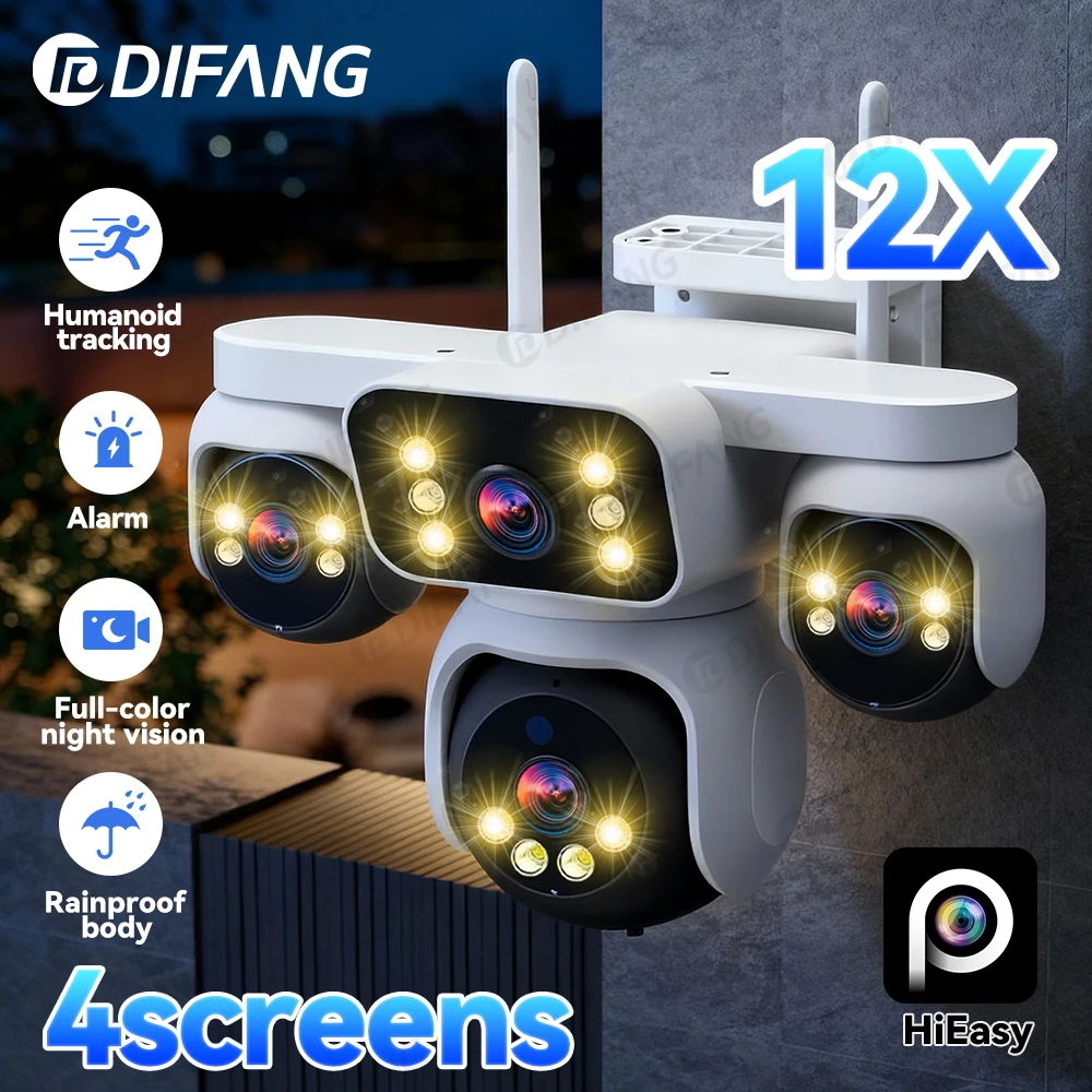 

DIFANG 20 МП 4-экранная Wi-Fi камера безопасности Водонепроницаемая 12-кратная зум и PTZ 360 ° Беспроводное наблюдение 10K IP-камера с четырьмя объективами для улицы