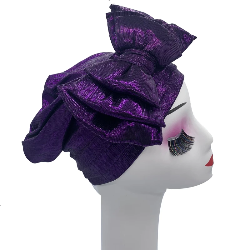 Shinning Multi-schicht Bowknot Turban Kappe für Frau Mode Afrikanische Headtie Nigeria Hochzeit Turbane Hut Muslim Headwrap Motorhaube – Detail 16