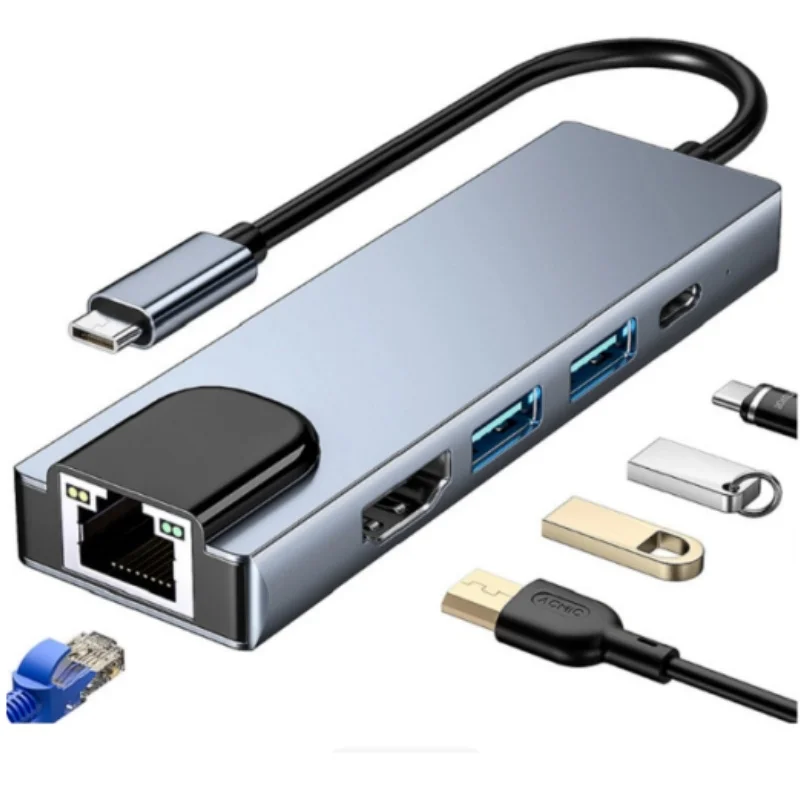 Five-in-One Type-C Expansion Dock USB Hub Network Card HDMI USB-C Compatible with Switch - Universal Laptop Adapter