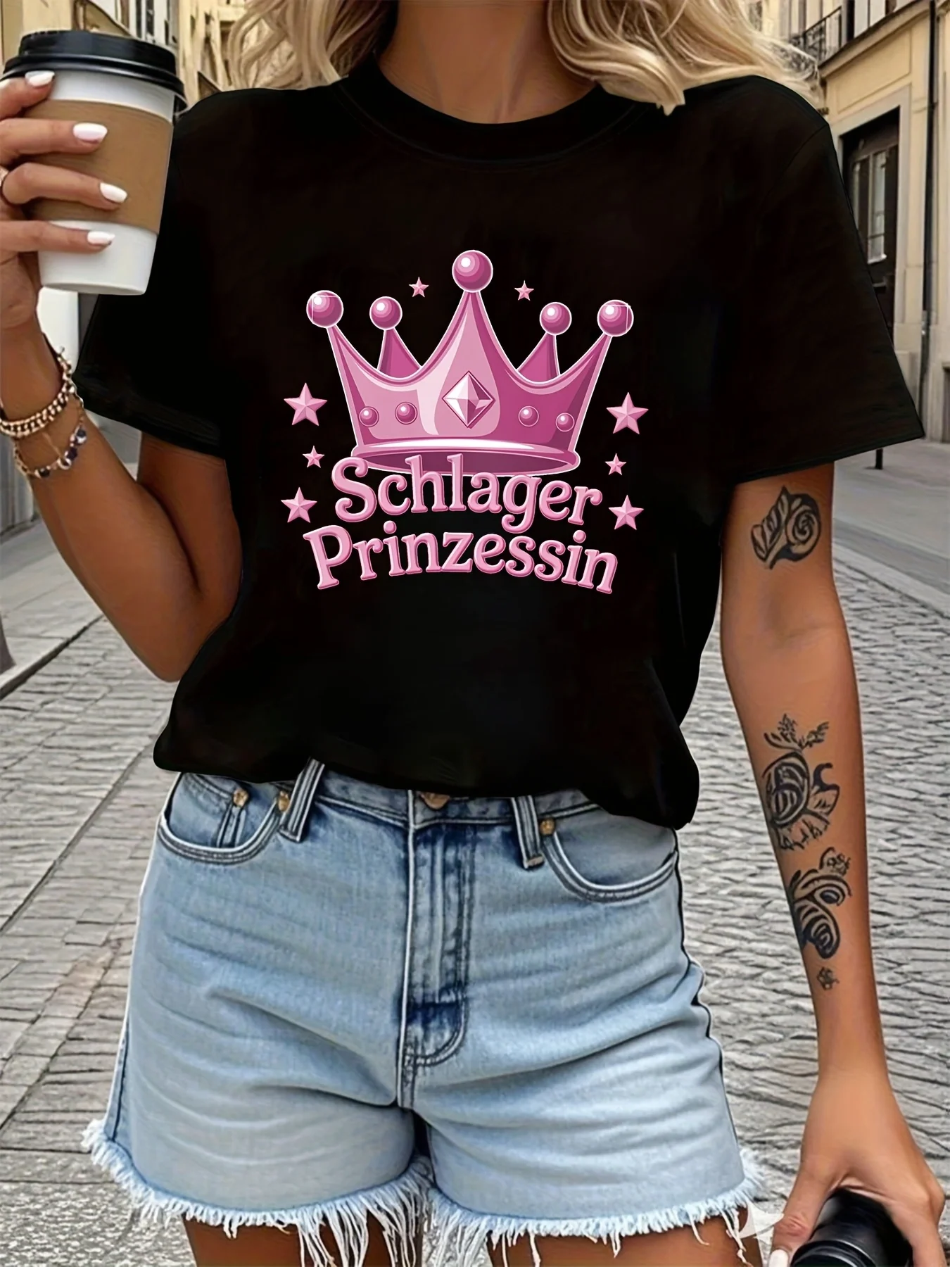 

Women's T-shirt Short Sleeve Schlager Prinzessin German Letter Print Crew Neck Casual Top For Summer & Spring