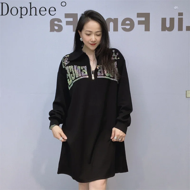 Mid-long Turn-down Collar Pullover Top New Autumn Winter Long Sleeve Basic Dress Hot Drilling All-match Loose Straight Dress