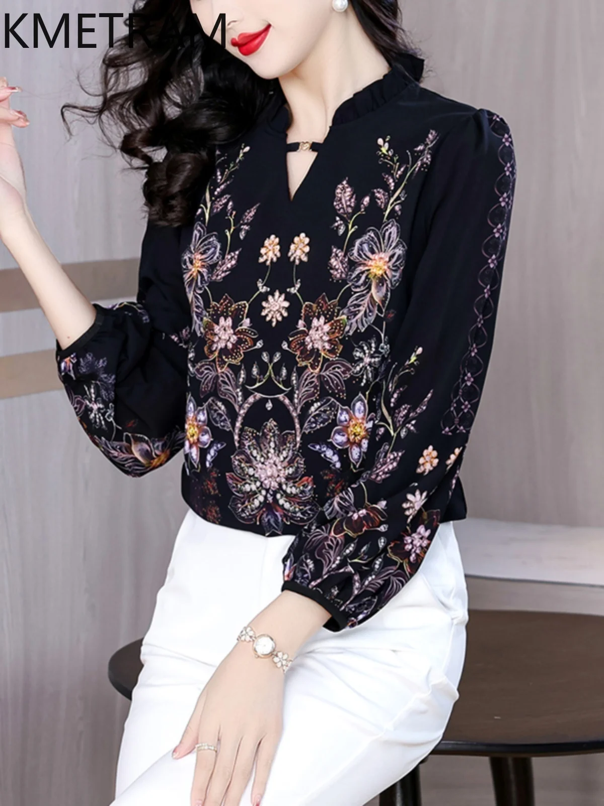 KMETRAM 90% Mulberry Silk Blouse Woman V-Neck Floral Elegant Tops for Woman Clothing Long Sleeve Women's Shirts 2025 Spring