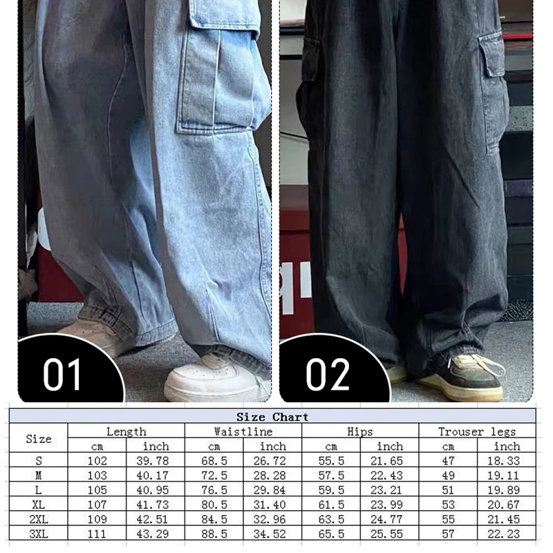Mens Streetwear Baggy Jeans Denim Cargo Pants Hip Hop Jeans Spring Autumn Loose Wide Leg Big Pocket Trousers