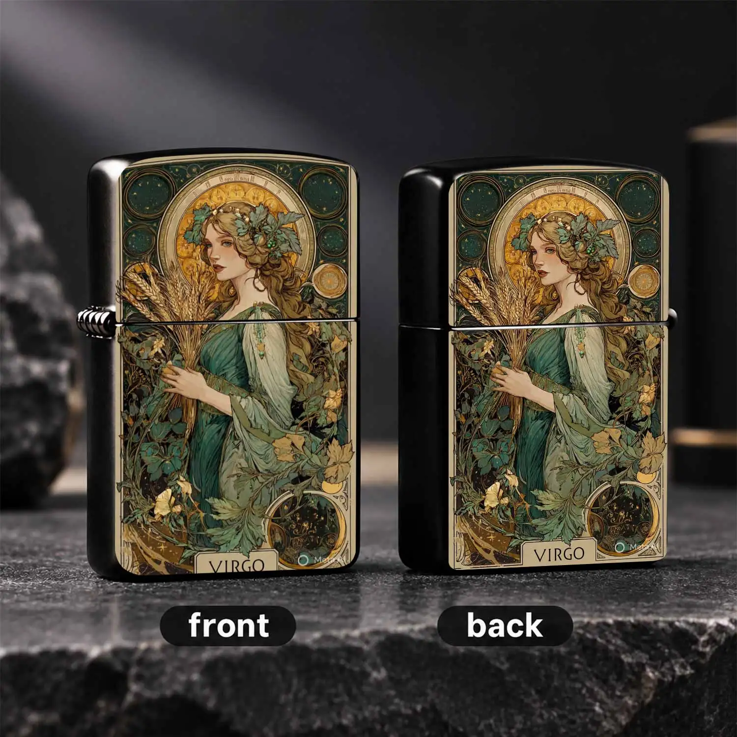 Retro Art Style Themed Lighter, Exquisite Mucha-Inspired Virgo Pattern, Delicate Design, Portable Decorative Collectible, Suitable For All Daily Occasions, Ideal Gifting Choice For Zodiac Lovers, Presenting Distinct Aesthetic Charm, Durable