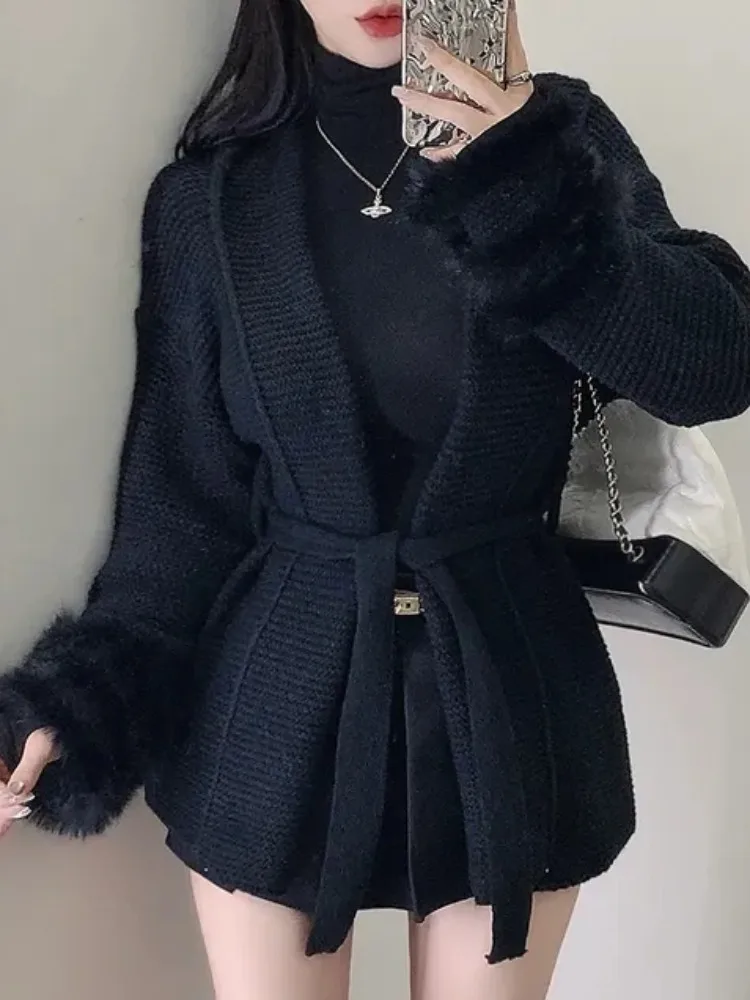 Chique preguiçoso suave malha longa sve v-ne pele do falso retalhos cardigan quente outerwear topo na moda comute sle solto ajuste