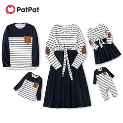 PatPat Family Matching Outfits Couple Mosaic Contrast Striped Long-sleeve Women's Dresses and T-shirts Family Clothes Sets