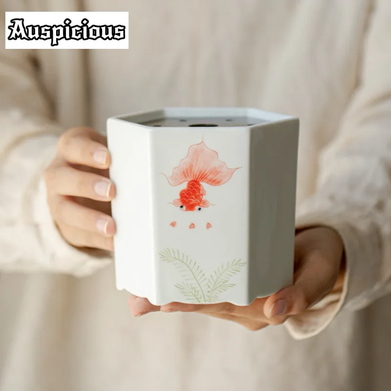 Hand Drawn Red Carp Tea Washing Basin Hexagonal Jianshui Zen Ceramic Pot Bearing Holder Tea Cup Wash Chaxi Chinese Teaware Gift