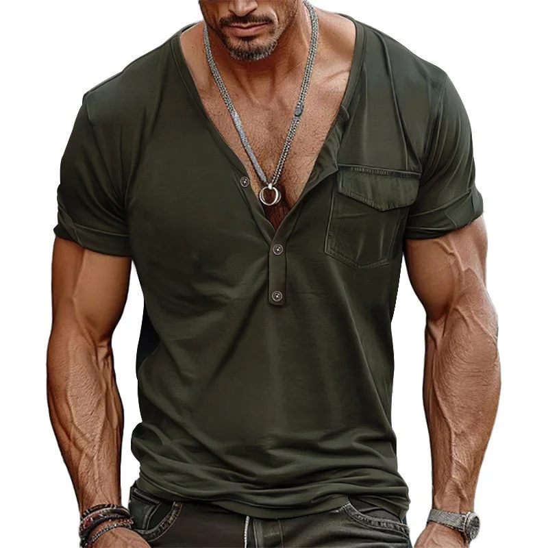 Leisure Slim Fit Mens T Shirt Fashion Patches Pocket Buttoned V Neck Henley Shirts Vintage Solid Color Short Sleeve T-shirts Men