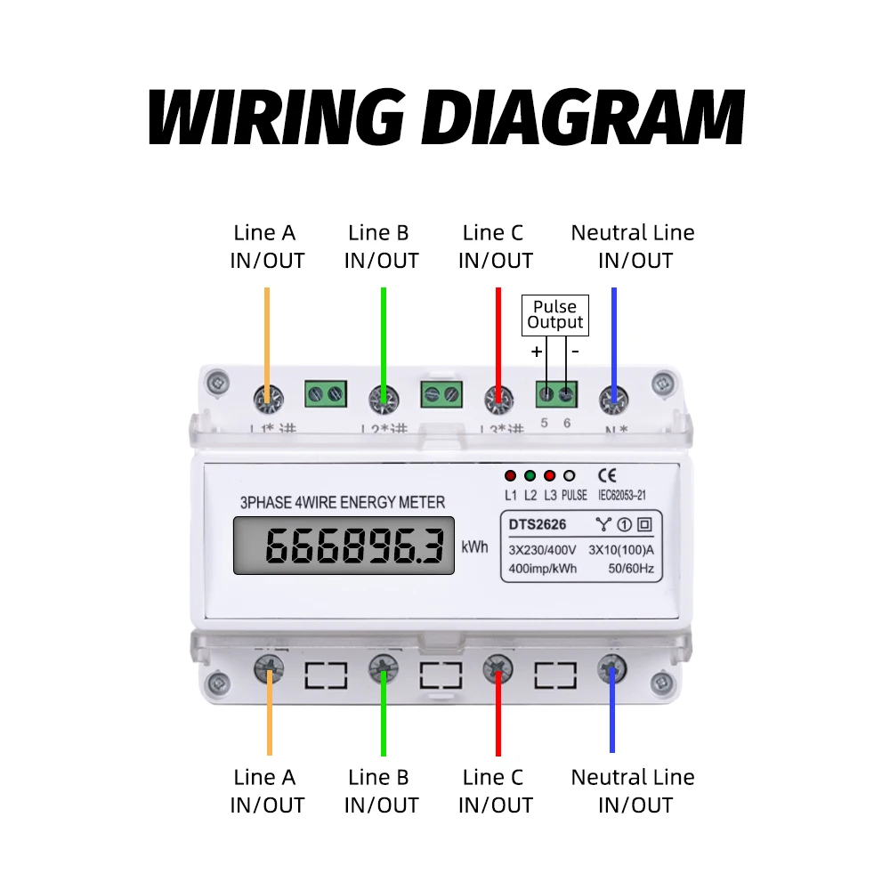 DTS2626 Display LCD digitale su guida DIN 380V Fase 4 fili Watt elettrico Misuratore di energia Wattmetro di tensione kWh 3X10 100A AC