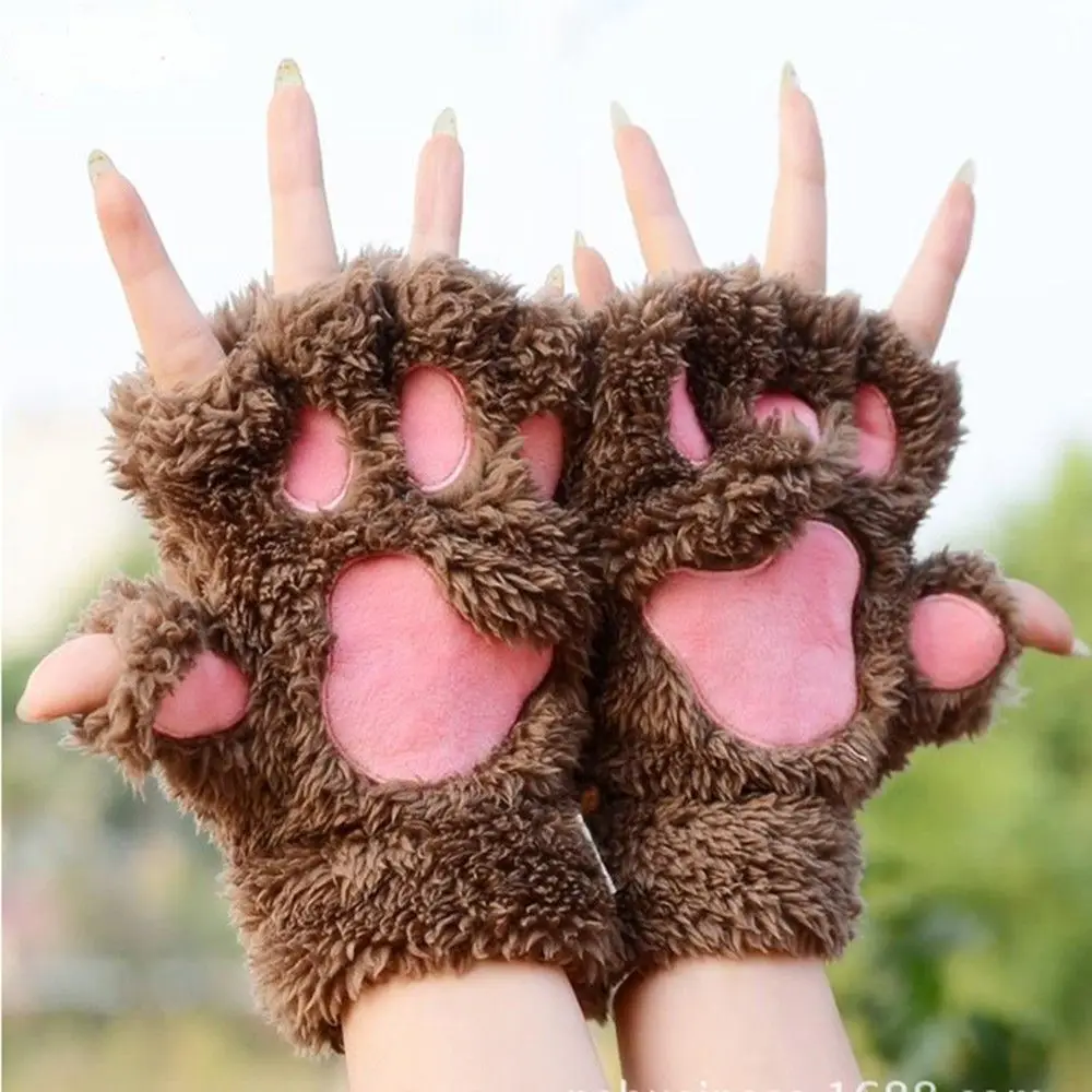 น่ารักน่ารักยี่ห้อใหม่ Fluffy Cat Multi-สี WARM Soft Plush ฤดูหนาว Bear PAW Fingerless ถุงมือ