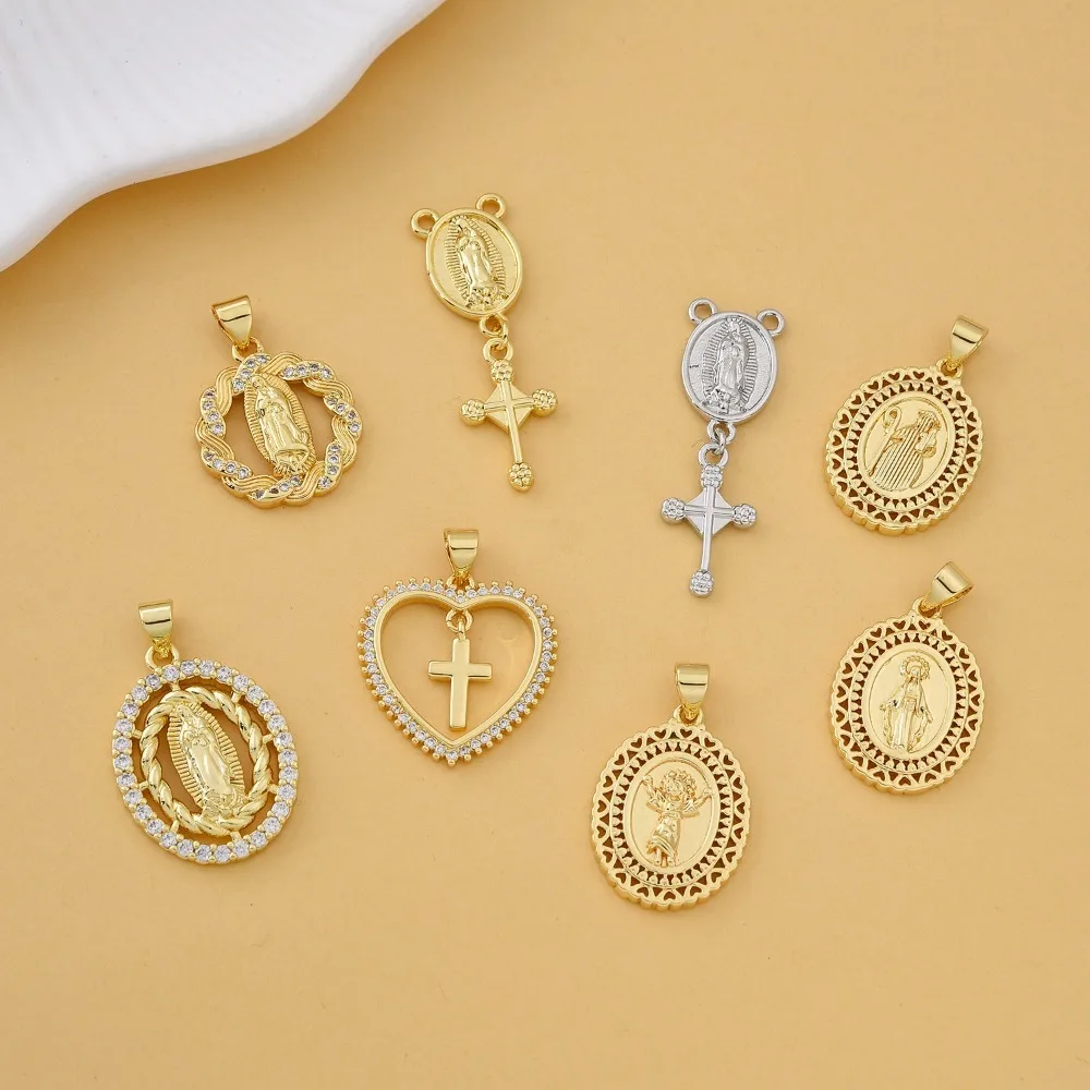

3 Pcs Virgin Mary Cross Pendant for DIY Necklace Jewelry Making Brass Plated Inlay Zircon Heart Round Oval Hollow Vintage Charms