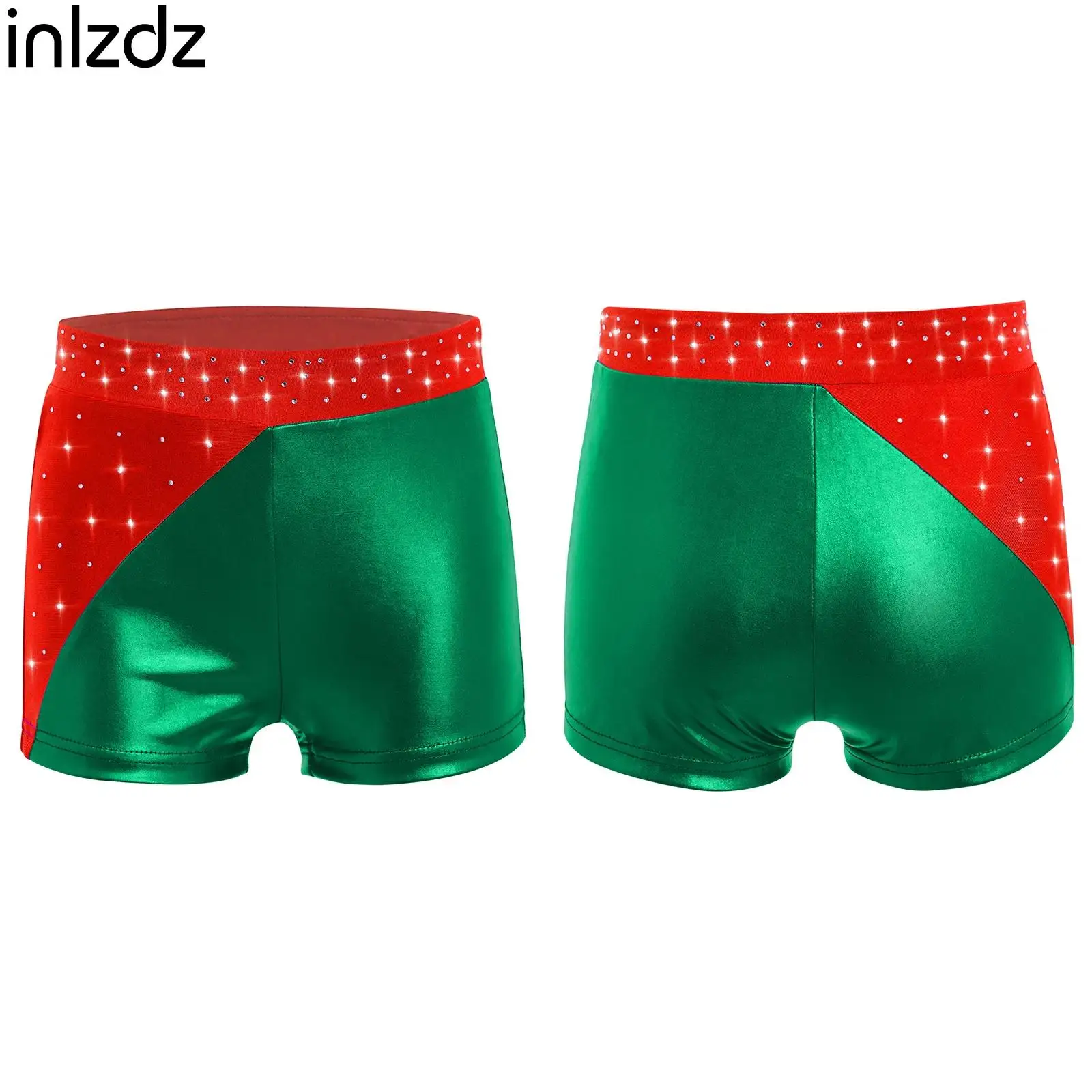 

Kids Girls Gymnastics Dance Shorts Elastic Waistband Shiny Rhinestones Metallic Color Block Shorts for Lyric Jazz Dance Practice