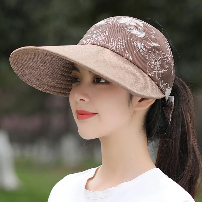 Summer Sun Hat Flower Printed Visor Caps Female Scalable Brim Empty Top Baseball Cap UV Protection Beach Outdoor Sun Hats Women