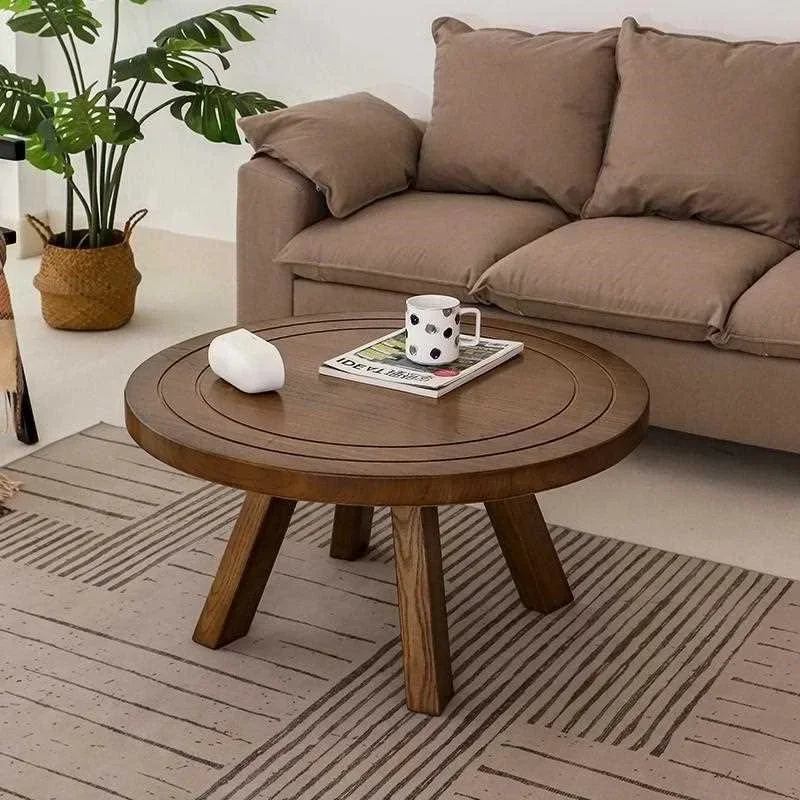 Retro solid wood round coffee table, wabi sandy wind small apartment living room small table