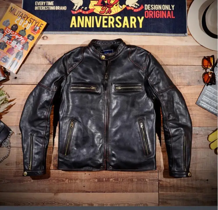 YR!Free shipping.Luxury quality thick tea core Horsehide jacket.mens classic moto biker leather coat.Vintage Slim fit tough guy