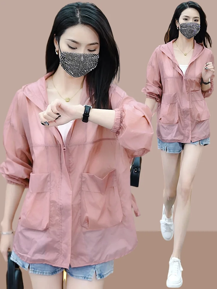 Women's Summer New Ice Silk Thin Sun Protection Clothing Breathable Large Size Transparent Hooded Zipper Long Sleeve Casual J...