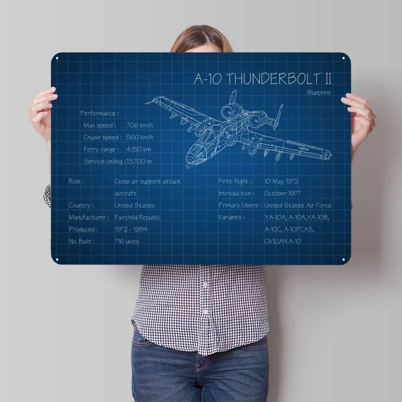 A10 Thunderbolt II Sign Aviation Blueprint Gaming Room Decoration Vintage Metal Tin Sign Plaque for Wall Decoration House Decor