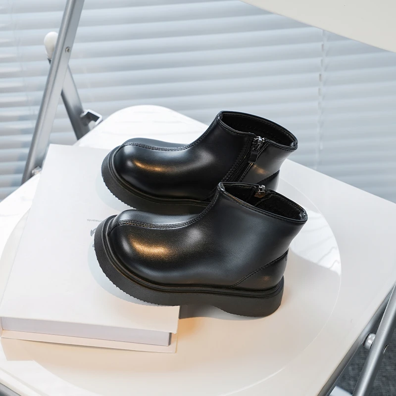 

Детские модные ботинки с боковой молнией, кожаные ботинки для девочек с круглым носком, однотонные, осень-зима 2022, детские короткие ботильоны