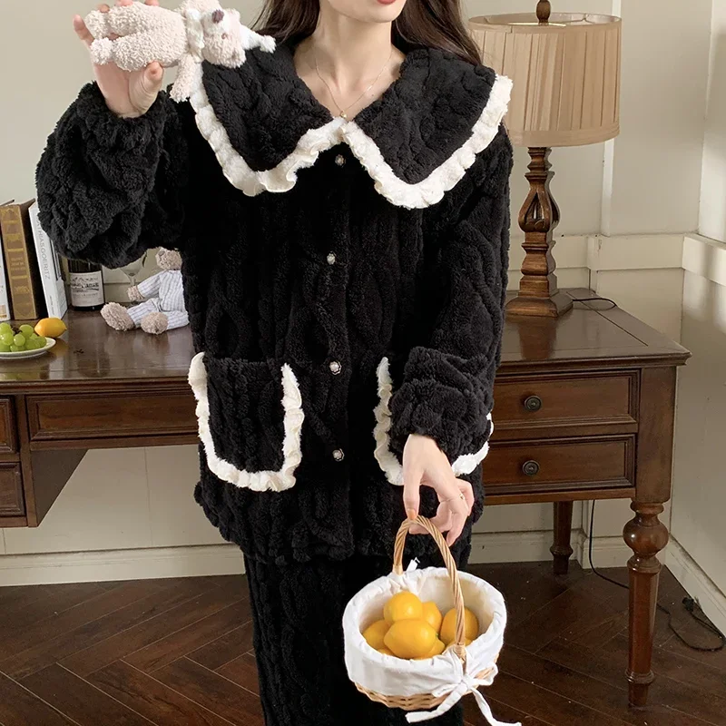 Coral Fleece Pajama Sets Women Winter Thicken Plus Velvet Warm Sleepwear Panelled Cozy Girlish Pockets Casual Sweet Dormitory
