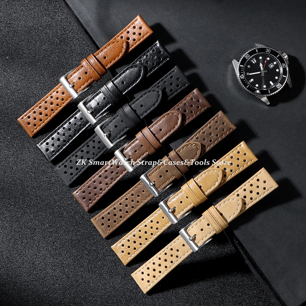 18mm 20mm 22mm Genuine Cowhide Leather Strap Soft Breathable Retro Wristband for Samsung Galaxy Watch 6 5 4 for Seiko Bracelet