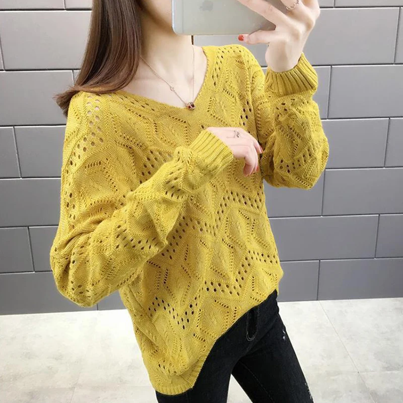 Spring Autumn Korean Style Sweet Solid V-neck Hollow Out Jumper Women Elegant Fashion All-match Pullover Sweater Female Clothes