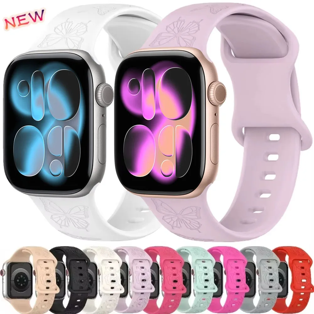 

Engraved Silicone Strap For Apple Watch Band 46/42mm 45mm 41mm 44mm 40mm 49mm Pattern Bracelet iWatch Ultra 11 10 9 8 7 6 5 4 SE