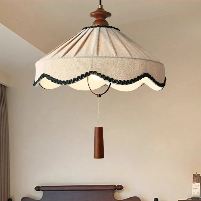 

French Designer White Fabric Green Border Pendant Lights Wooden Hanging Lamps Living Room Bedroom Kitchen Restaurant Chandelier