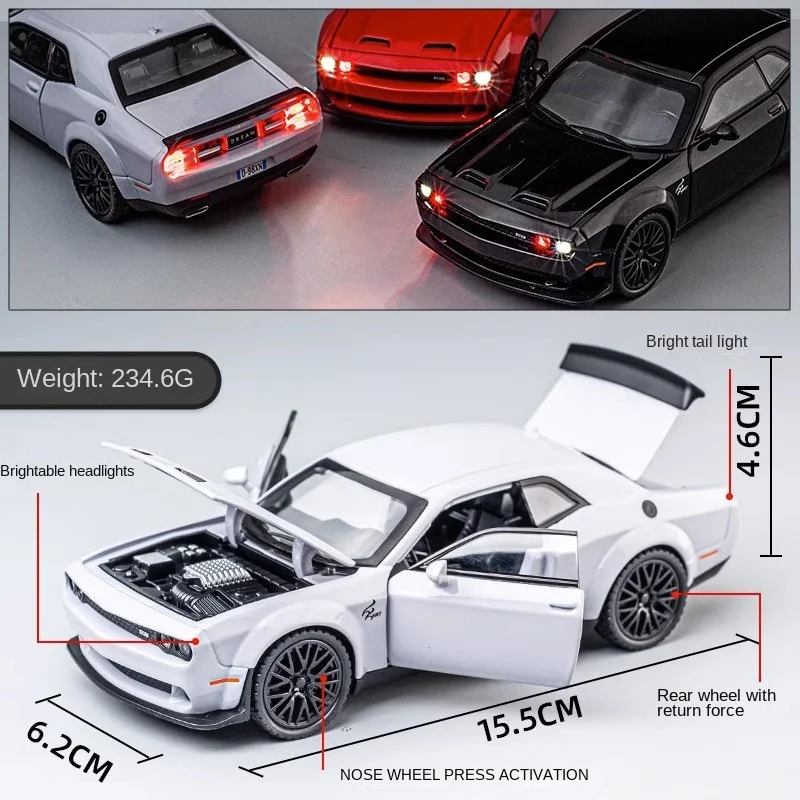 Dodge Challenger Hellcat Toy Car for 1: 32 Scale Die Cast Metel Cars Toy Pull Back Hellcat Model Cars with Sound and Light Hellc