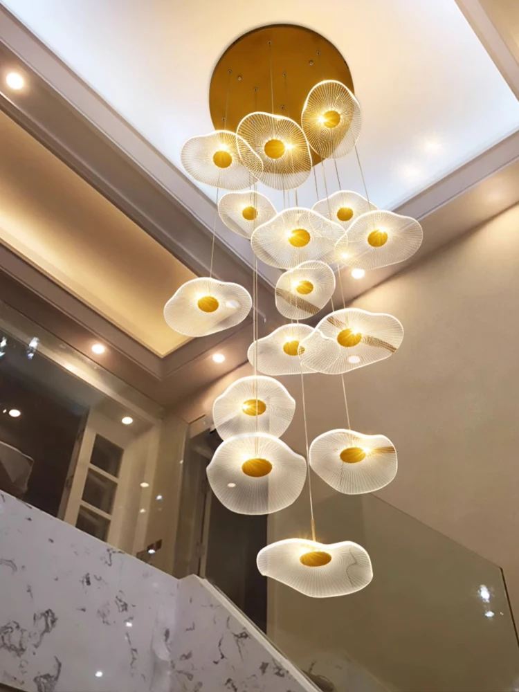 2024 New LED Lotus Leaf Design Staircase Modern Ceiling Chandelier Hotel Lobby Lustre Villa Kitchen Long Chandelier Lighting