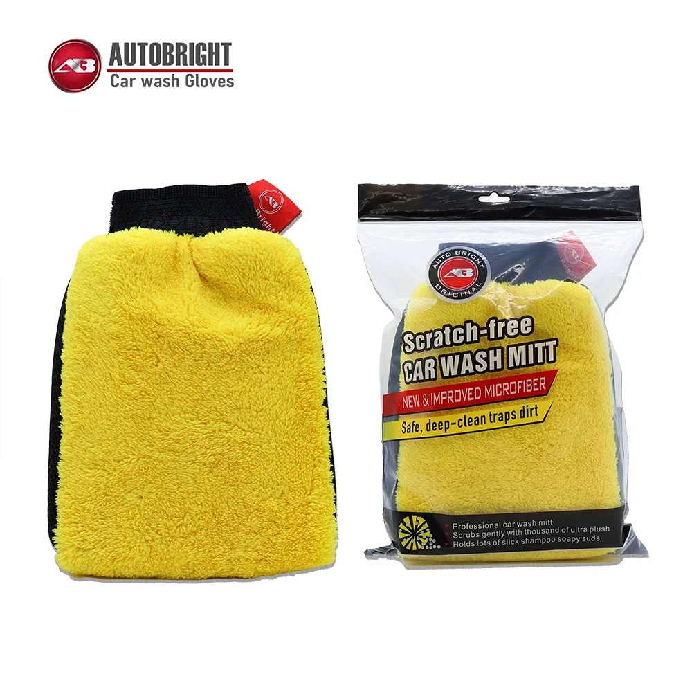 

AUTOBRIGHT Large Yellow Double Sided Microfiber Car Wash Glove Non Scratch Waterproof High Absorbency Cleaning Glove Auto Car