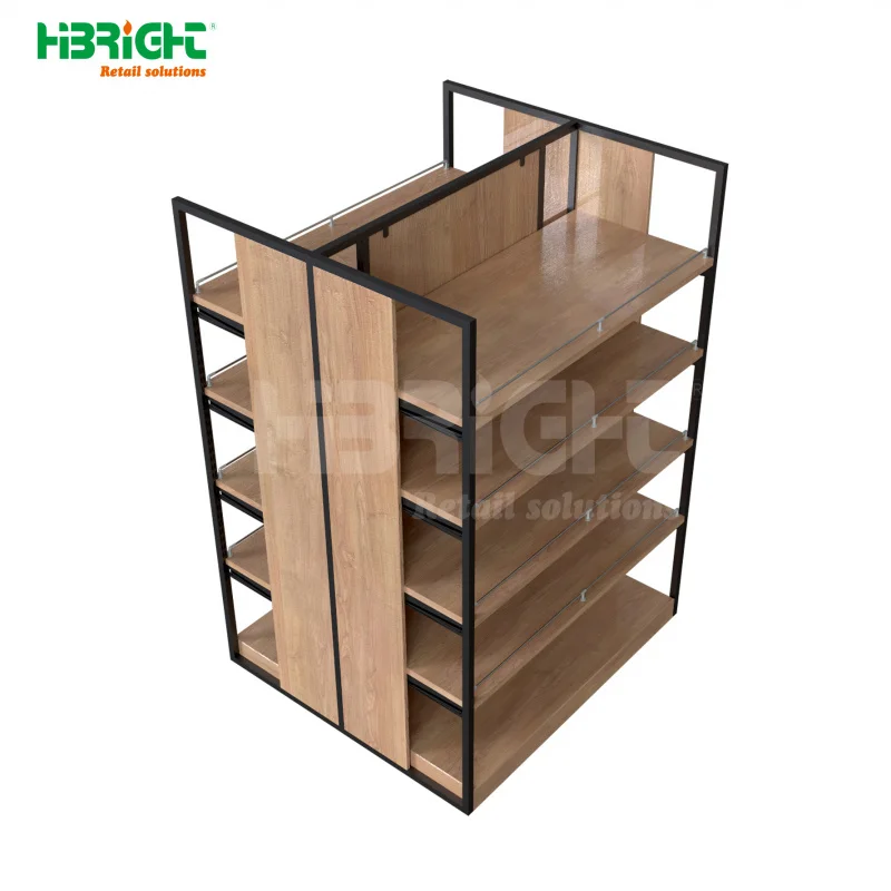 custom.Highbright Customized Steel Frame Grocery Store Display Rack Wooden Flat Back Panel Supermarket Shelf