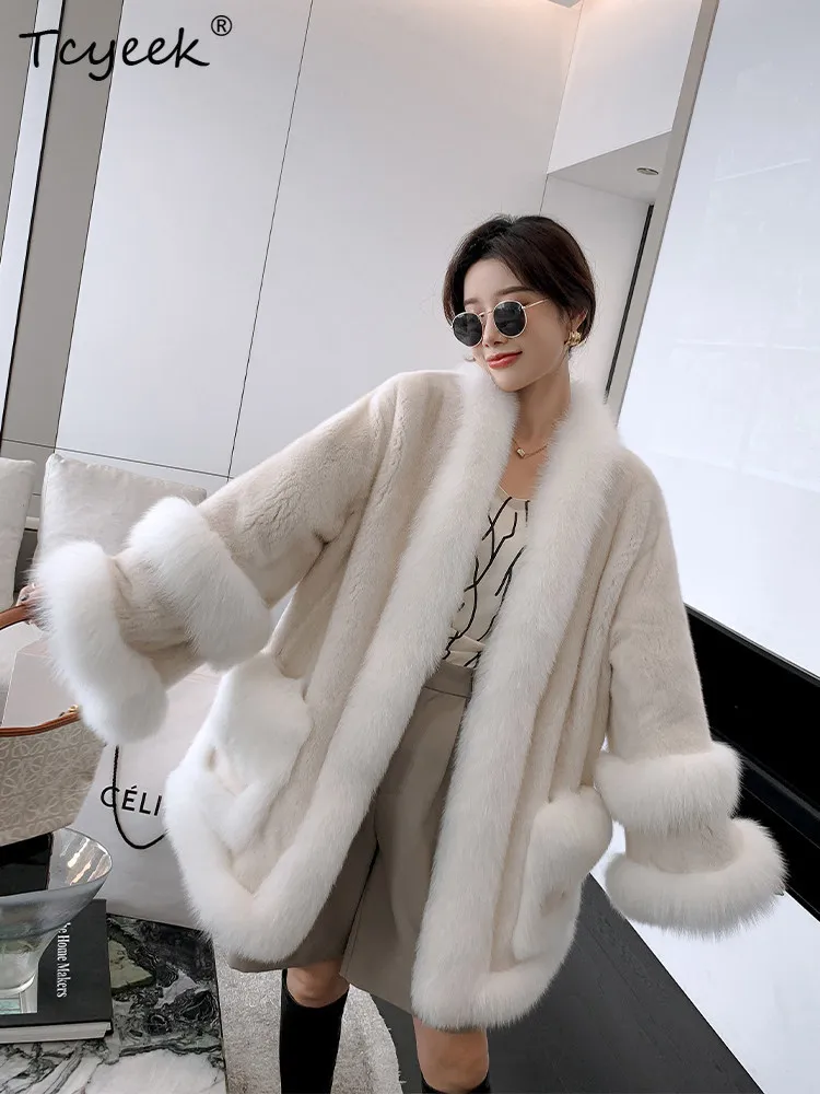 

Tcyeek Natural Mink Fur Coat Woman Clothing Winter Jacket Women Fox Fur Collar Real Fur Coats Mid-length Fashion Шуба Женская