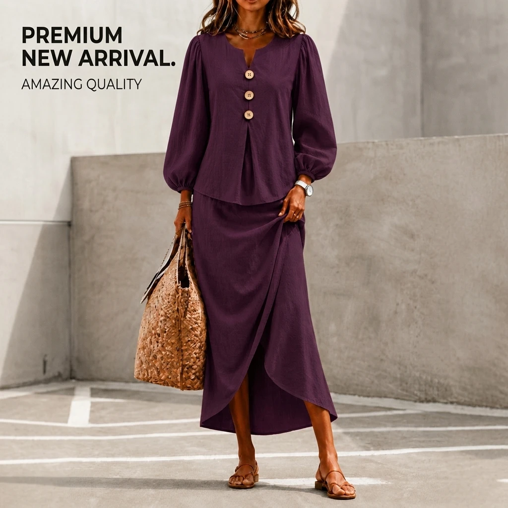 2 Piece Set for Women Lantern Sleeve Round Neck Top and Maxi Skirt Casual Commuter Outfit