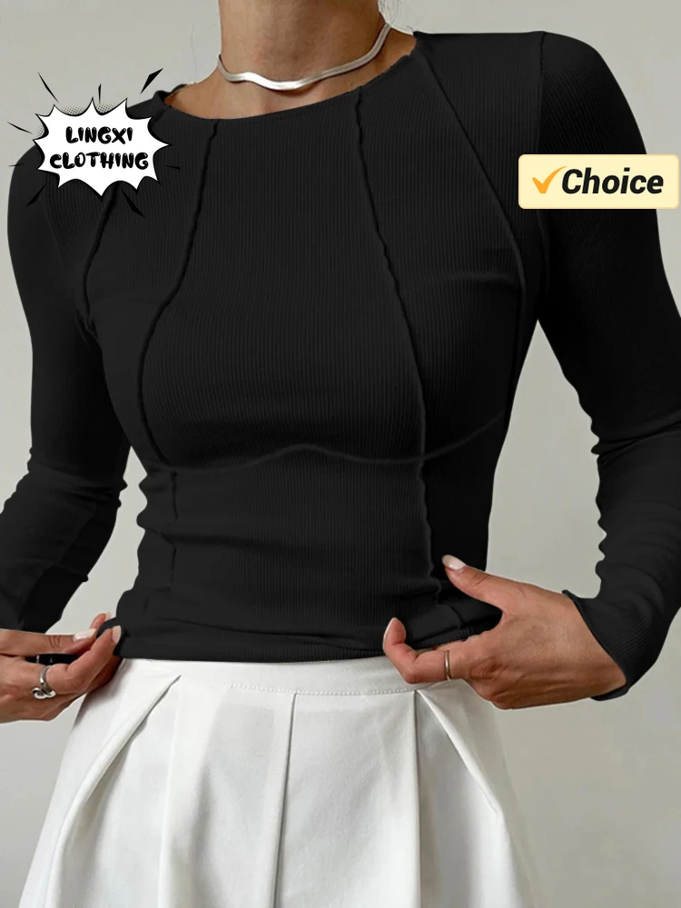 T-shirt Spring/Summer Women\'s Slim Fit Casual Round Neck Basic Pullover Chest Shape Stitching Long Sleeve Sports Dopamine Shirt