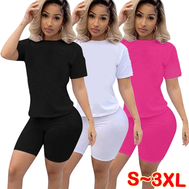 

Women's sexy tight fitting T-shirt and shorts set 2-piece summer short sleeved sportswear jogging suit
