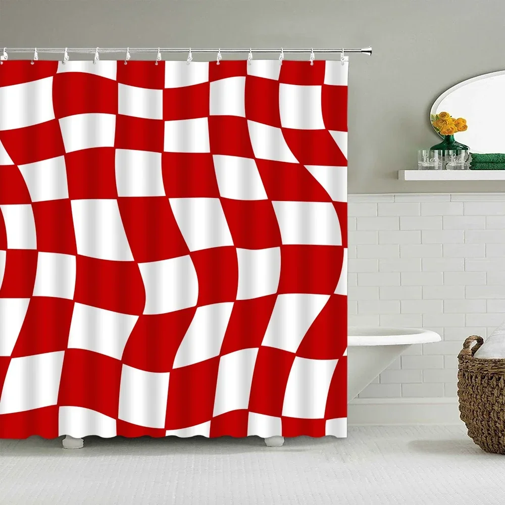 Red Check Orange White Checkerboard Pattern Chequered Chess Abstract Shower Curtains Waterproof Polyester Fabric