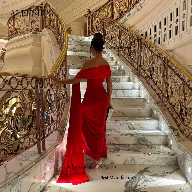 Elegant A-Line Red Long Prom Dress Pleated Off The Shoulder Evening Dress High Side Slit Party Gowns Saudi Arabia Customized