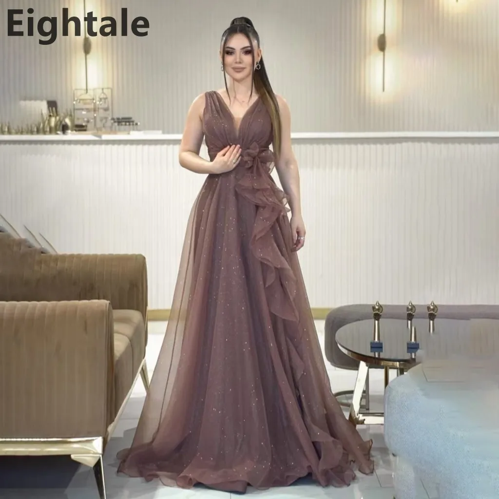 

Eightale Brown Shining Tulle A-Line Evening Dress V-Neck Formal Prom Bridemaid Dress Customizable Wedding Gown
