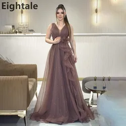 Eightale Brown Shining Tulle A-Line Evening Dress V-Neck Formal Prom Bridemaid Dress Customizable Wedding Gown