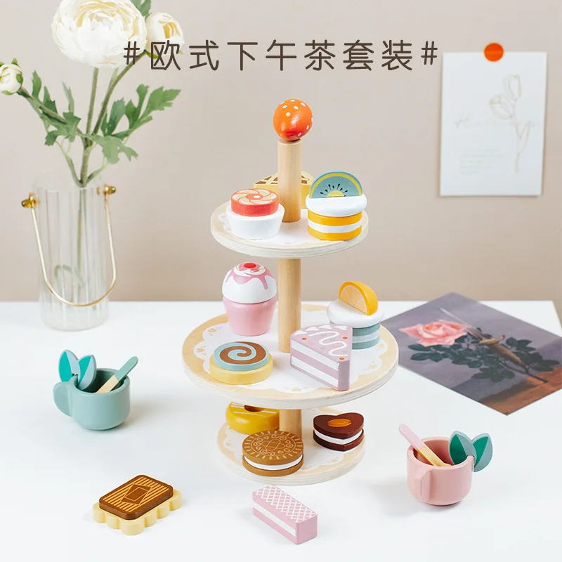 Children's Simulation Wooden Toys Dessert Afternoon Tea Cookies Three Dessert Shelves Cake Tower Set of Play House Toys