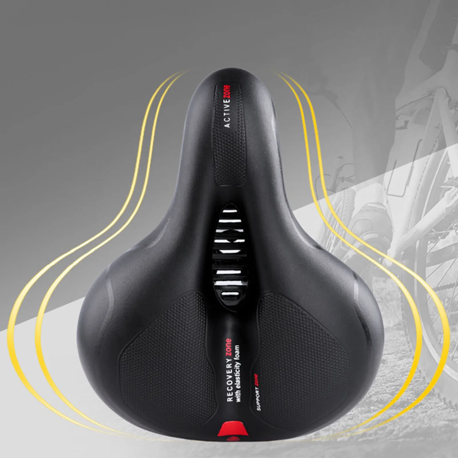 เบาะจักรยานหนัง PU แบบมีรูระบายอากาศ สำหรับจักรยานทุกประเภท พร้อมแถบสะท้อนแสงด้านหลัง ช่วยลดแรงกระแทก อุปกรณ์เสริมสำหรับการขี่